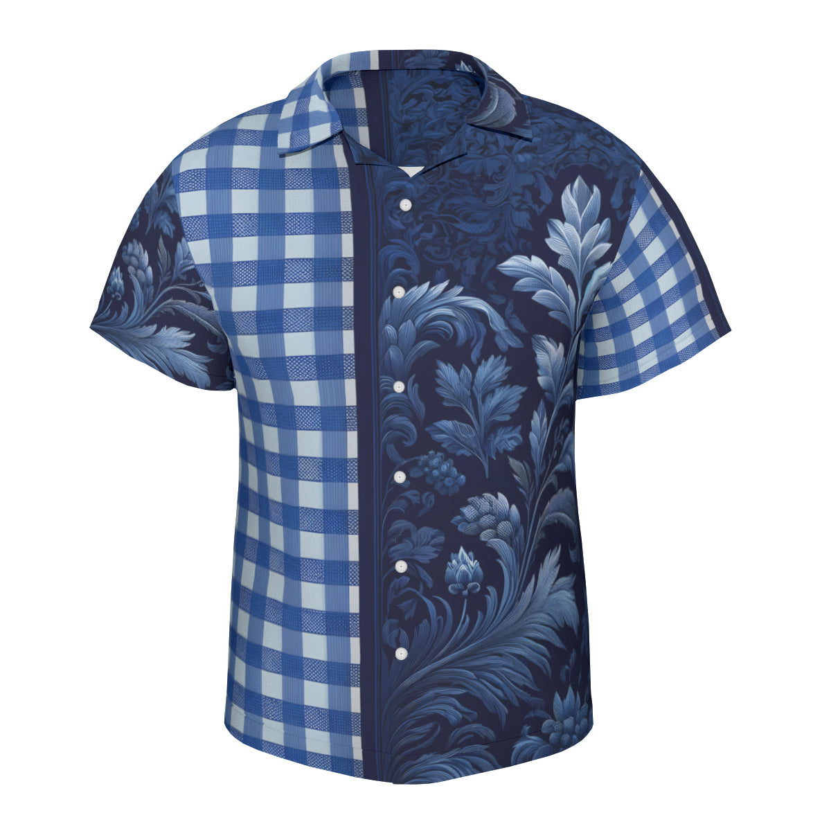 Blue Check Floral Short Sleeves Men's Shirt