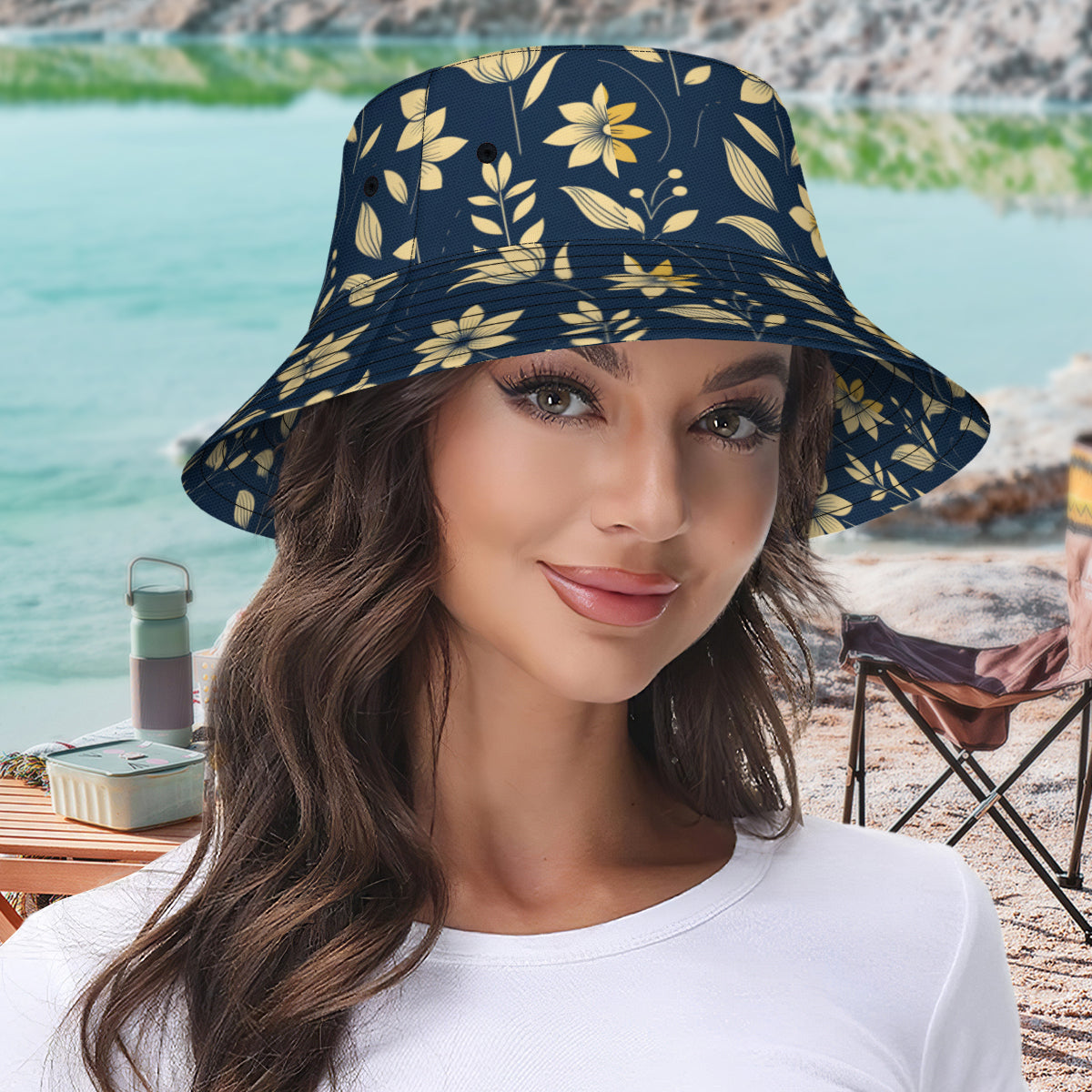 Golden Floral Double-Sided Unisex Polyester Bucket Hat