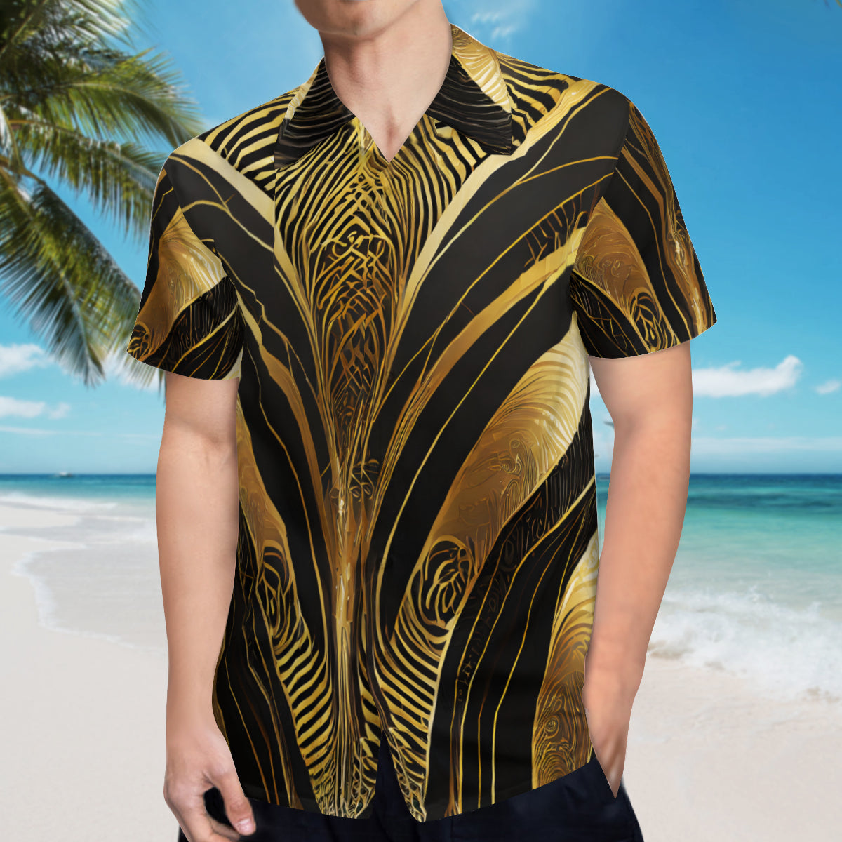 Elegant Black And Gold Short Sleeves Men's Shirt