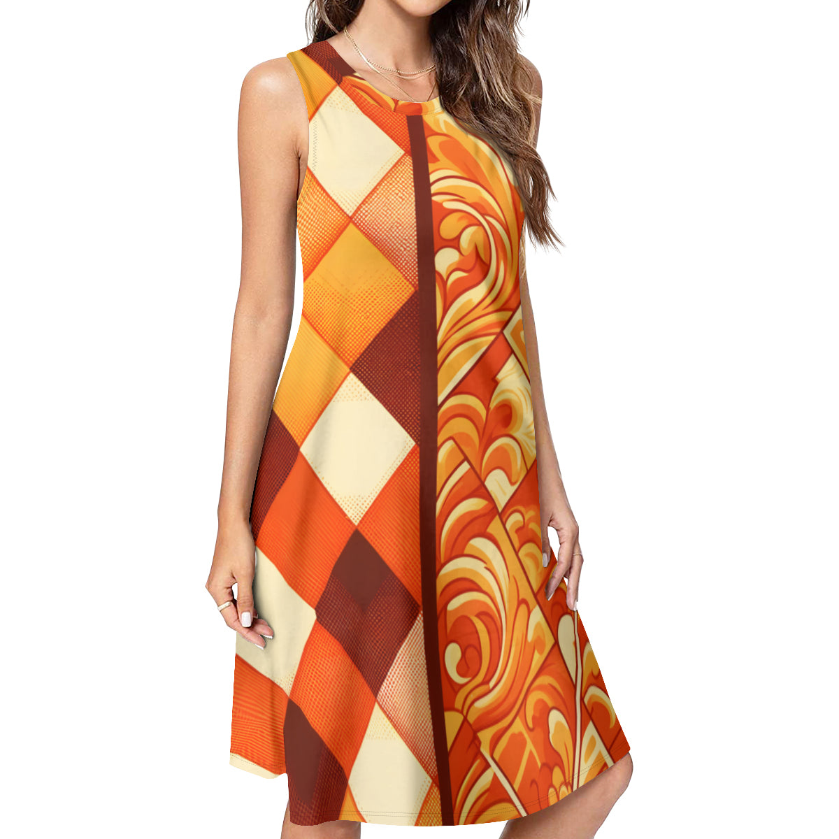 Orange Check Women's Casual Dress | Polyester