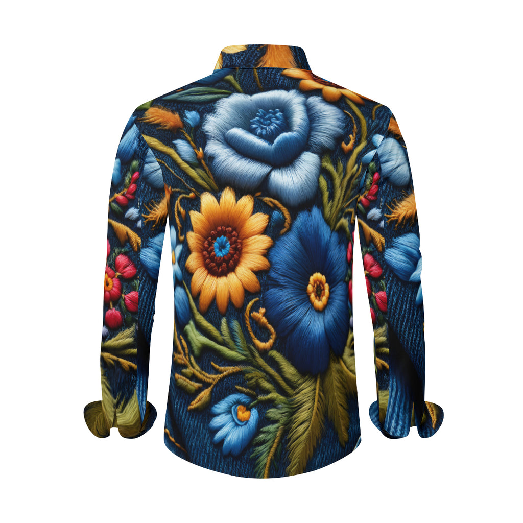 Floral Denim Long Sleeves Men's Shirt