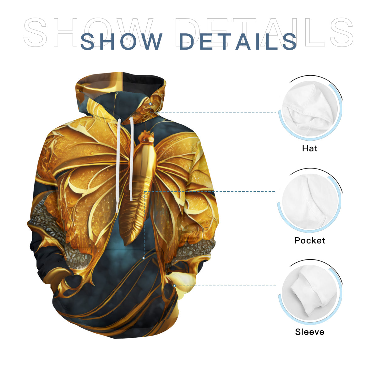 3D Golden Butterfly Men's Adult Hoodie Set (Double-Layer Hood) | Health Fabric