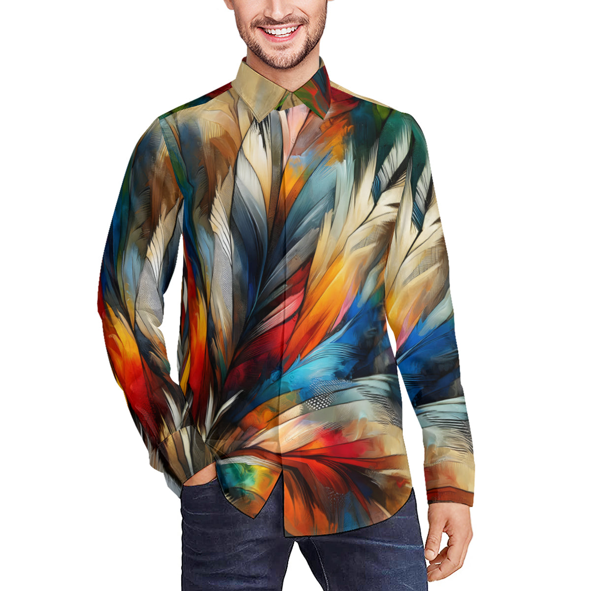 Vibrant Feathers Men's Classic Long-Sleeved Shirt | Polyester
