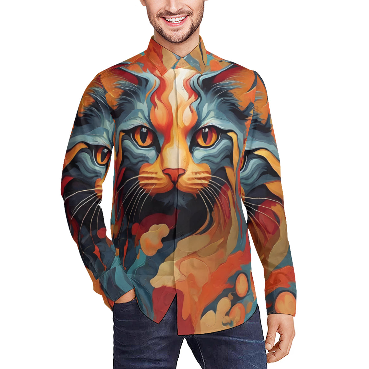 Cat Men's Classic Long-Sleeved Shirt | Polyester