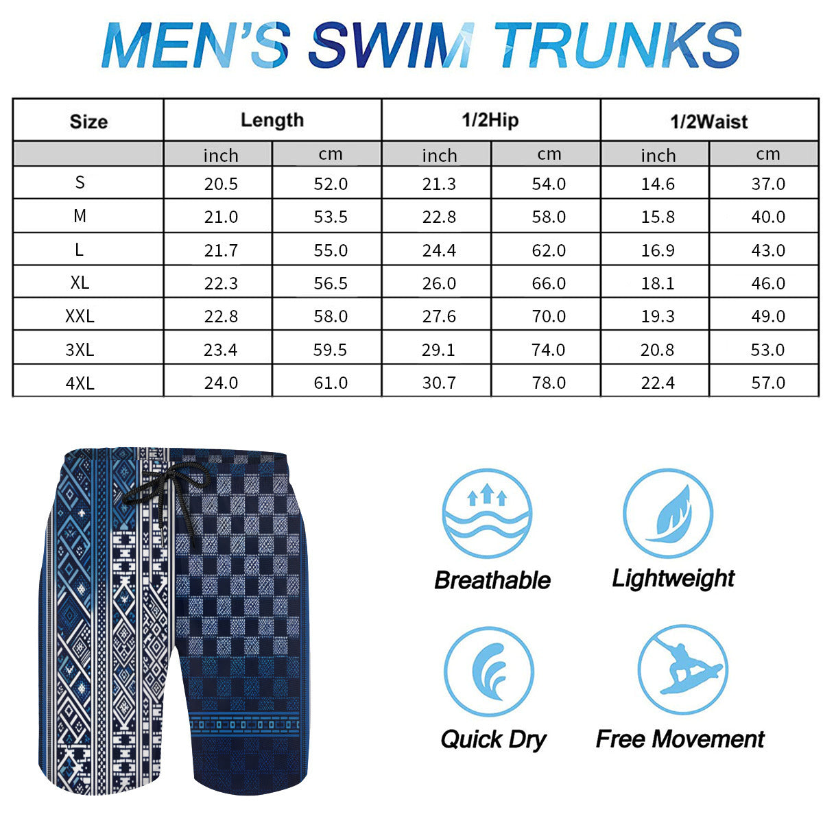 Blue Check Men's Beach Shorts (Not Mesh Lined) | Polyester