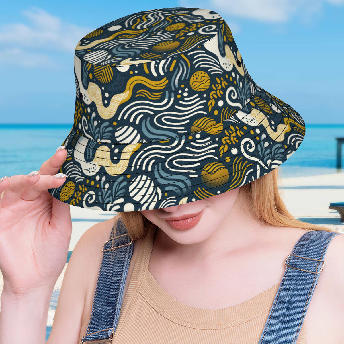 Dark Blue Geometric Shapes Double-Sided Unisex Polyester Bucket Hat