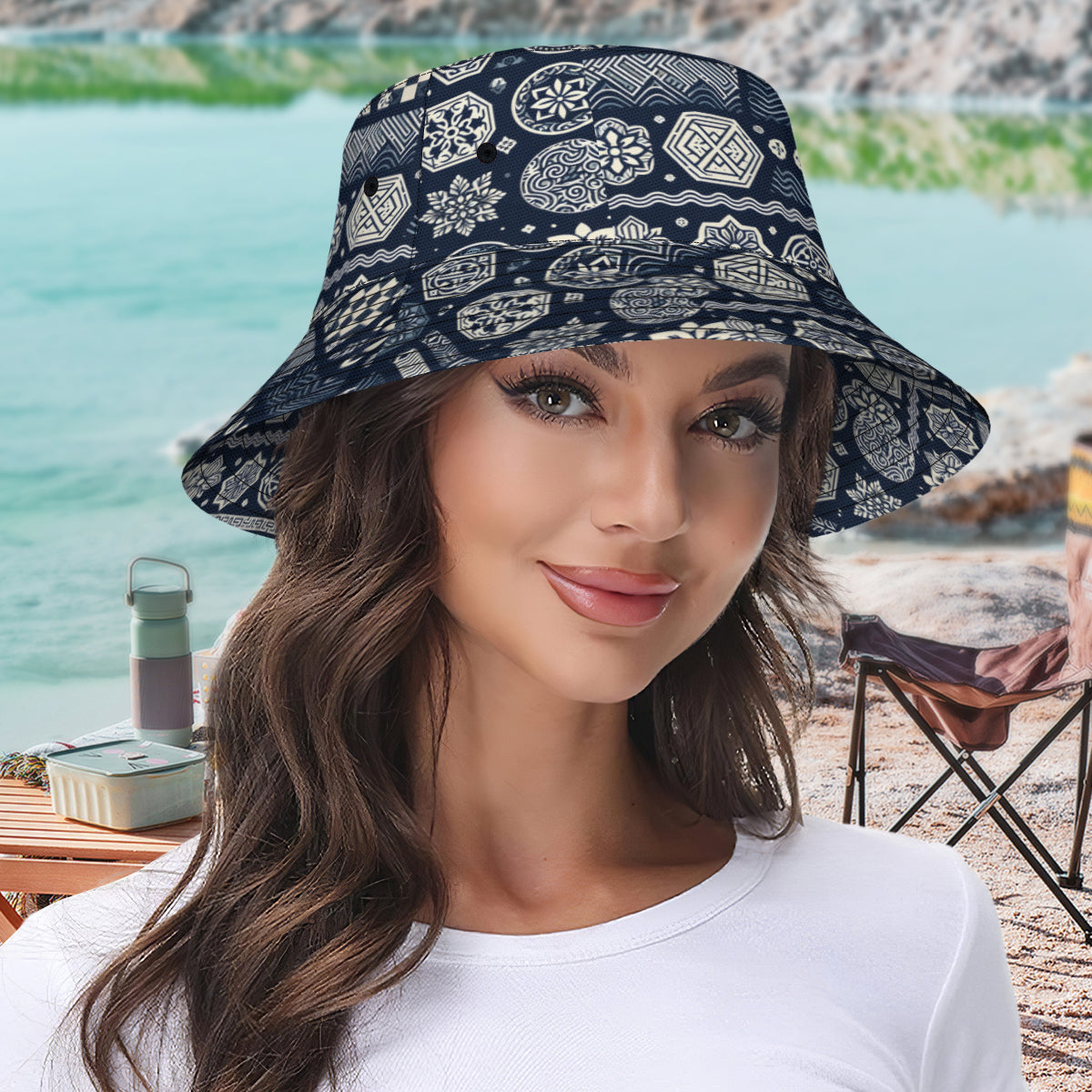Navy Blue Geometric Shapes Double-Sided Unisex Polyester Bucket Hat