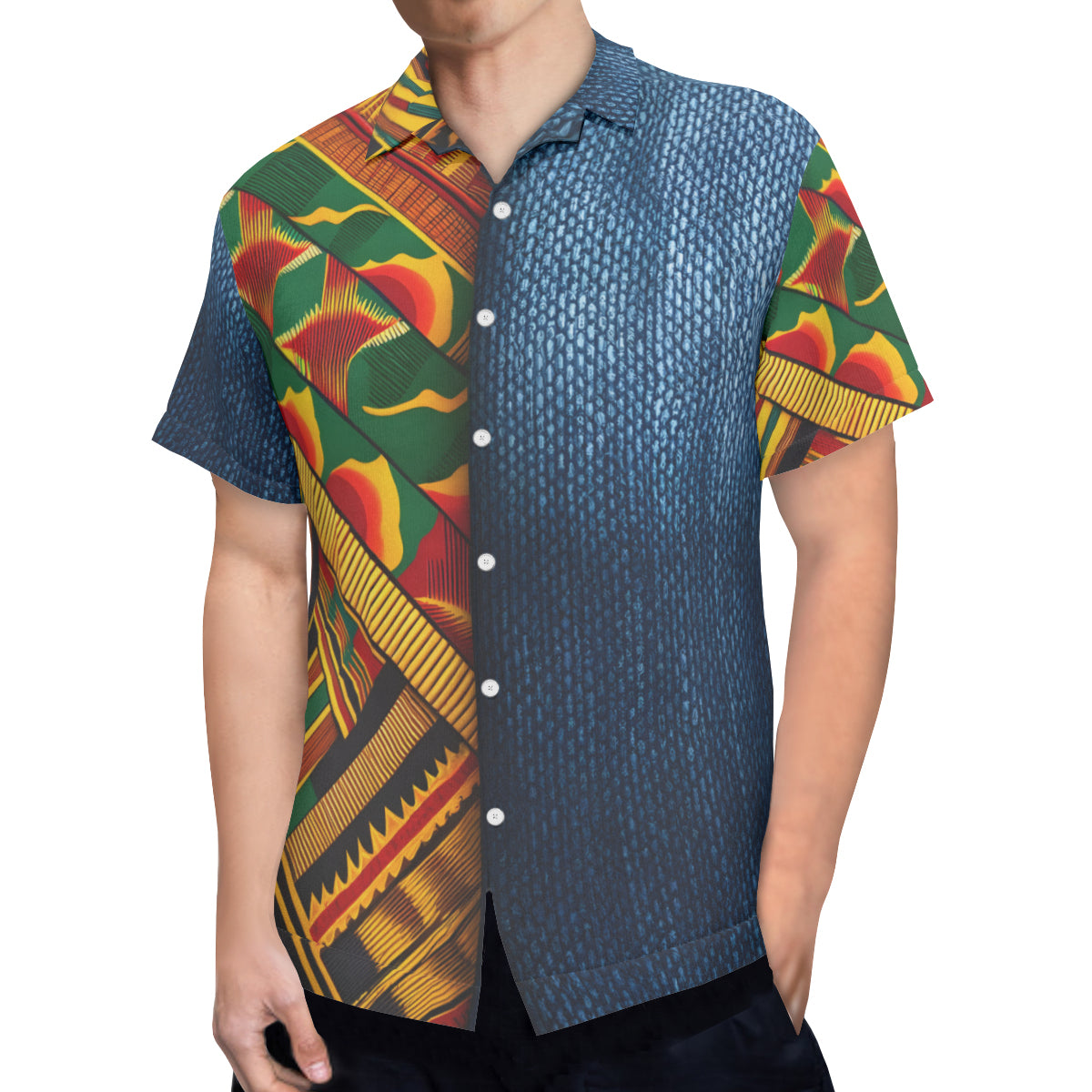 Kente Denim Style Short Sleeves Men's Shirt