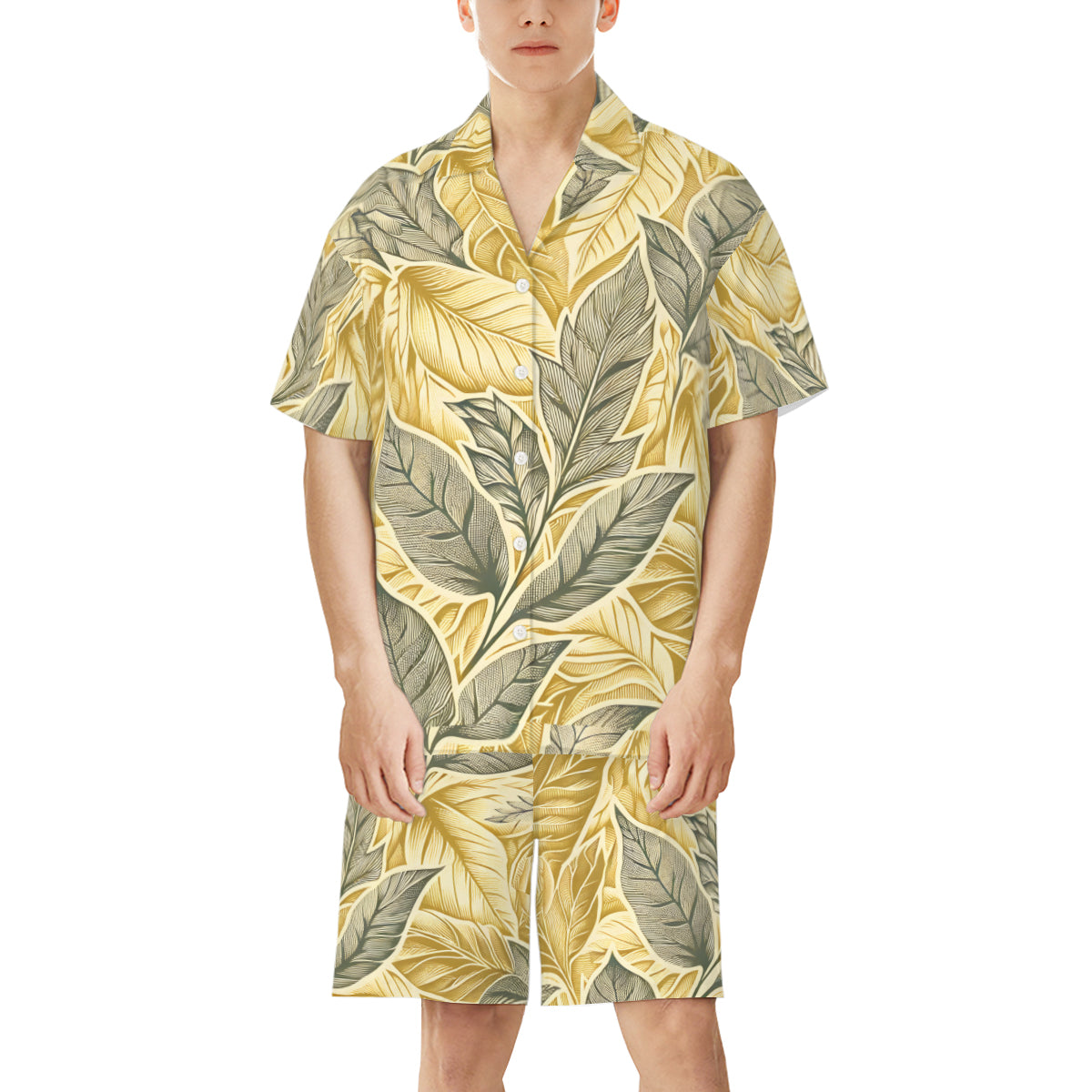 Golden Leaves Casual Shirt and Shorts (Multi-faceted Design) | Cotton-Like Polyester