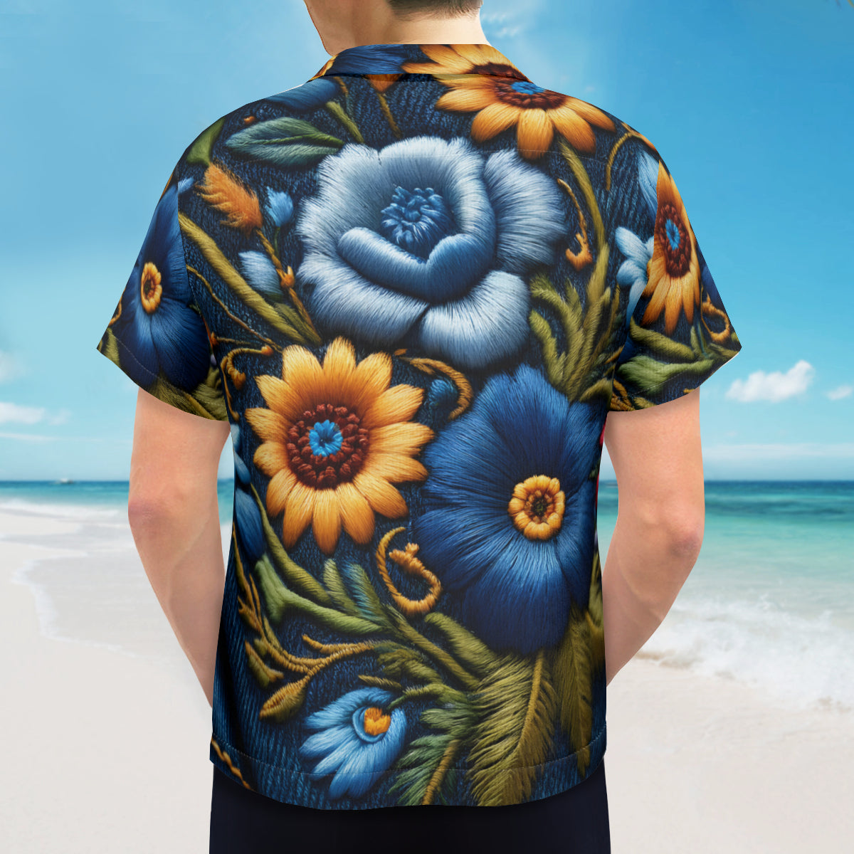 Floral Denim Short Sleeves Men's Shirt
