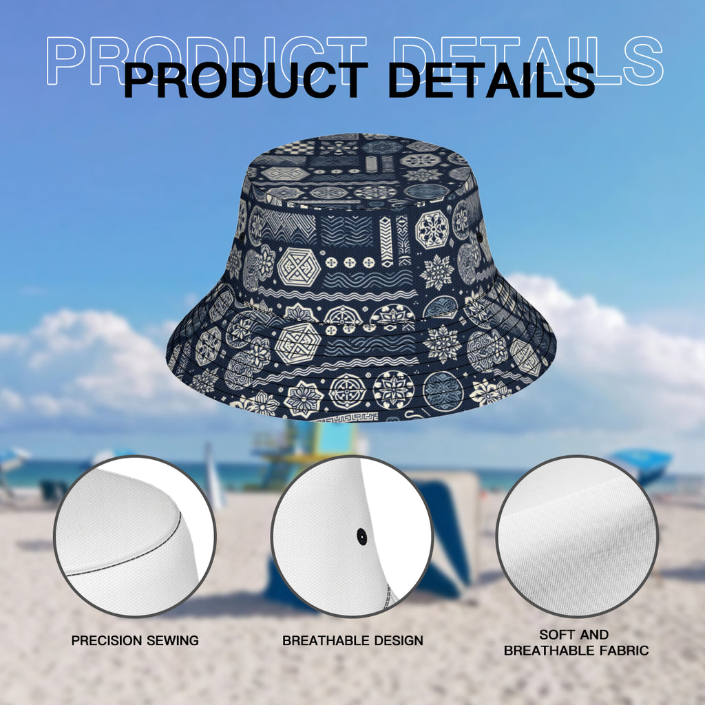 Navy Blue Geometric Shapes Double-Sided Unisex Polyester Bucket Hat