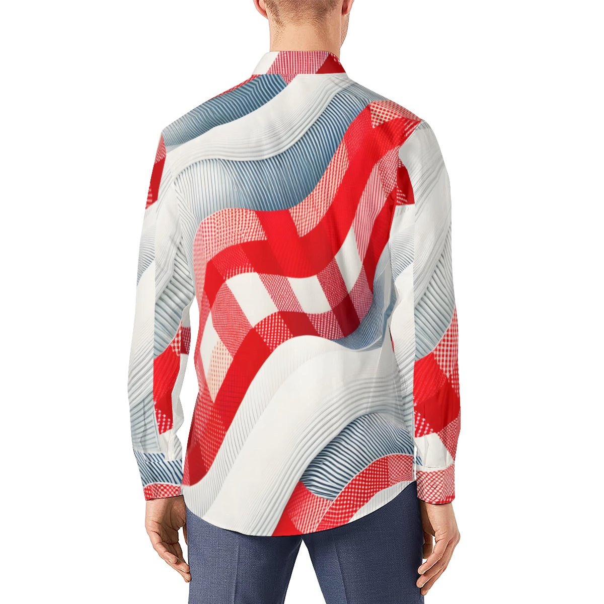 Denim Texture With Bold Red Checks Long Sleeves Men's Shirt