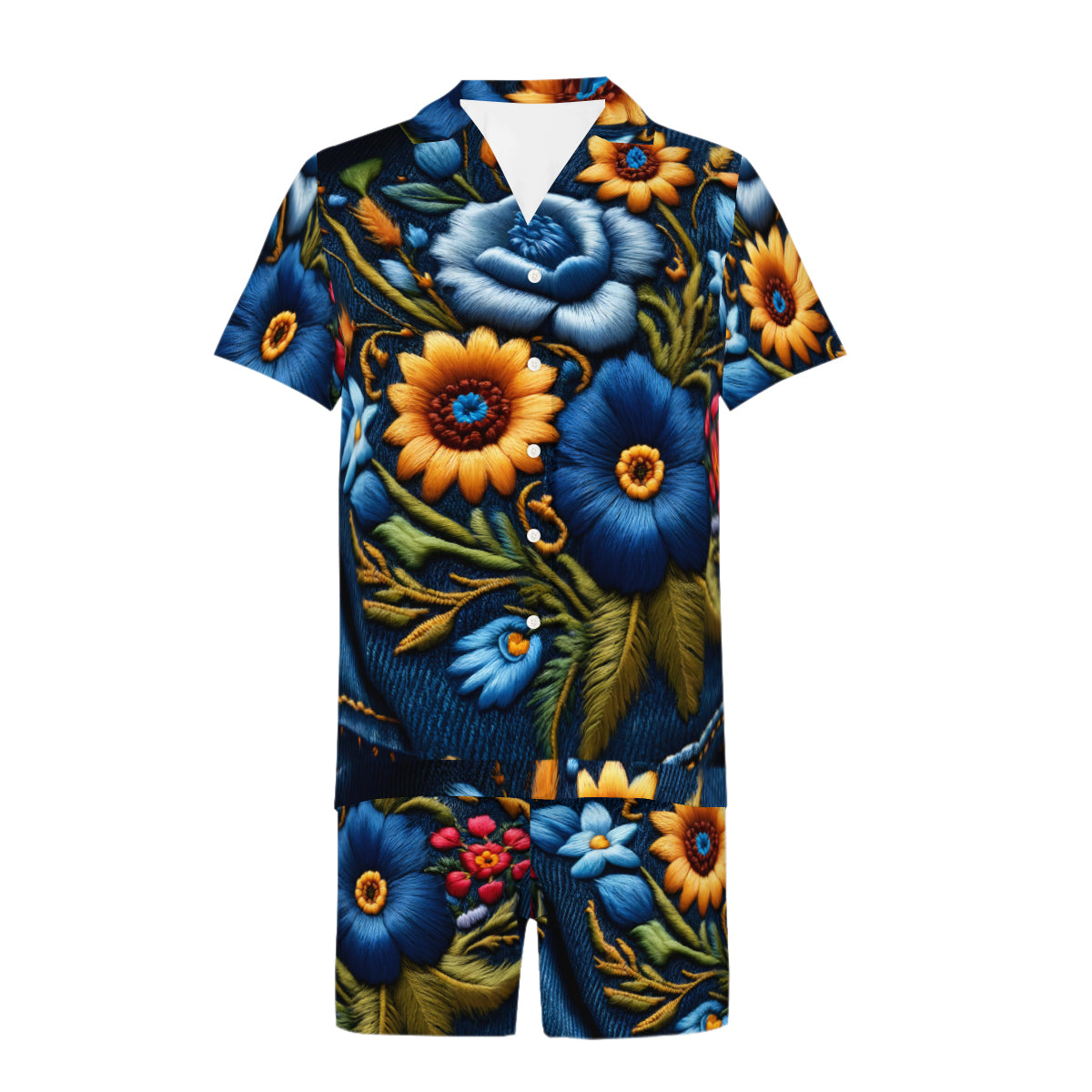 Floral Denim Casual Shirt and Shorts (Multi-faceted Design) | Cotton-Like Polyester