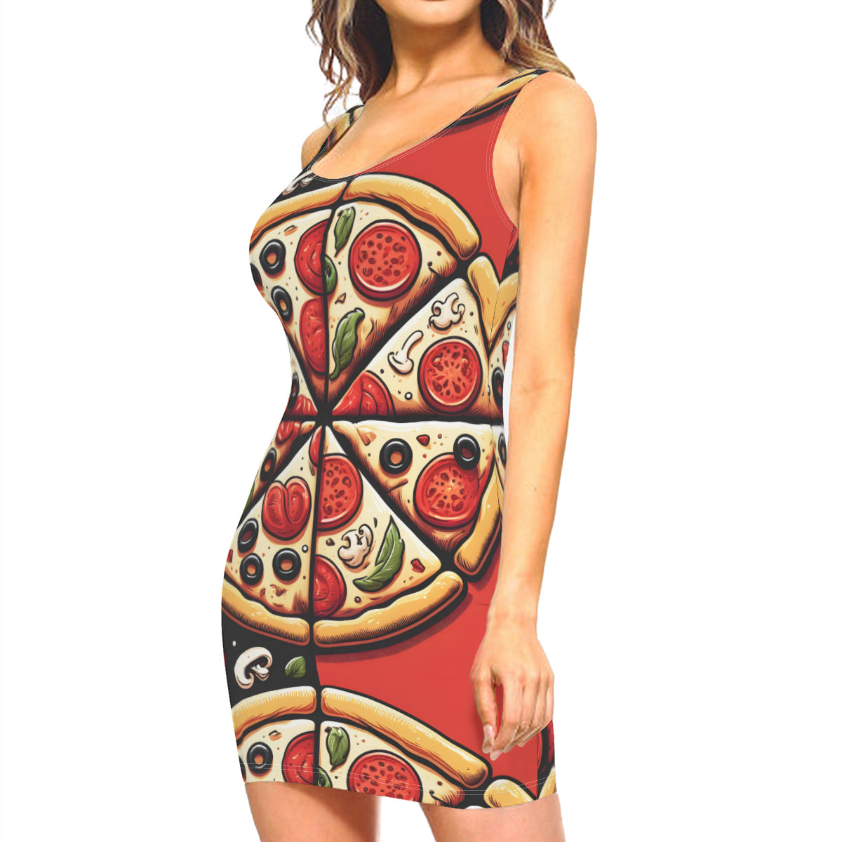 Pizza Slices Sleeveless Slim-Fit Euro-Size Tank Slip Dress | Polyester