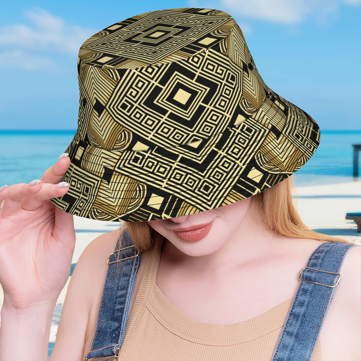 Golden Geometric Shapes Double-Sided Unisex Polyester Bucket Hat