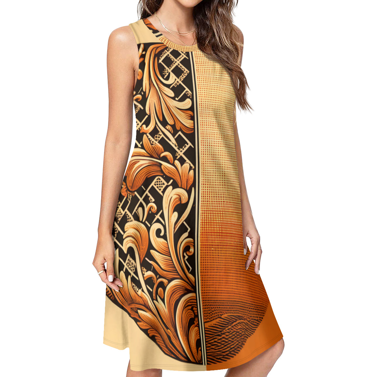 Orange Check Women's Casual Dress | Polyester