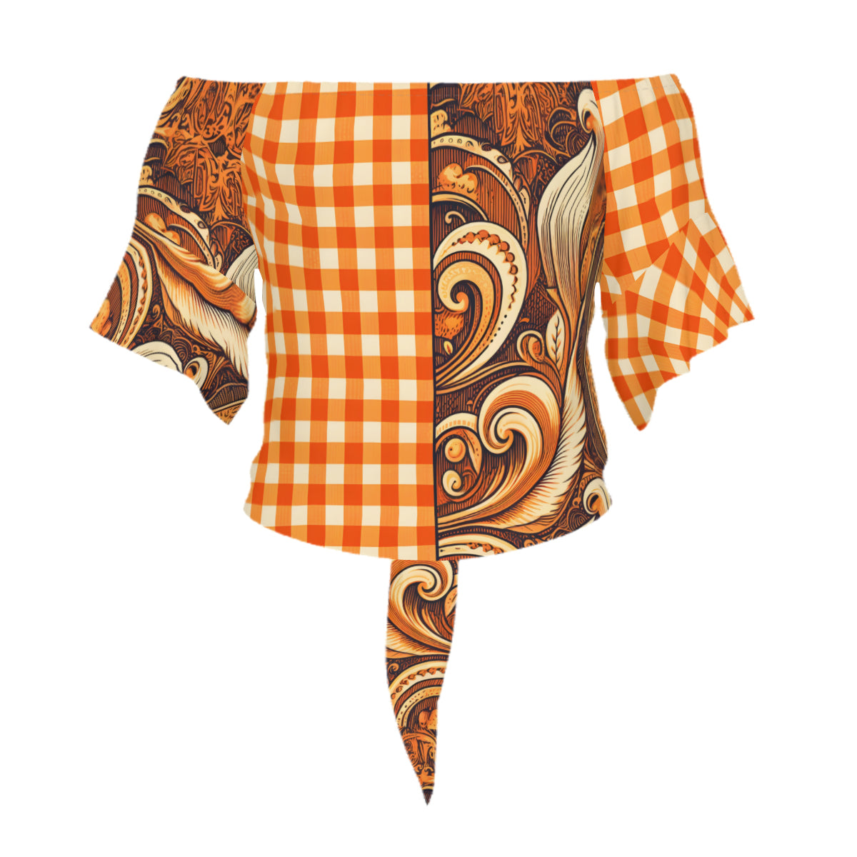 Orange Check One-Shoulder Tie Short Sleeves
