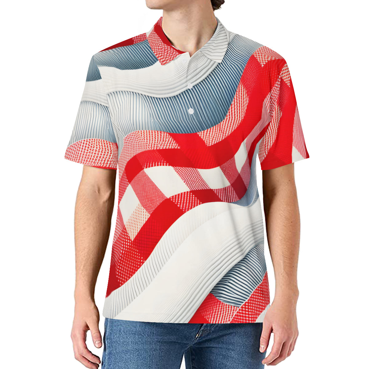 Denim Texture With Bold Red Checks  Men's Premium European Size POLO Shirt | 95% Polyester+5% Spandex