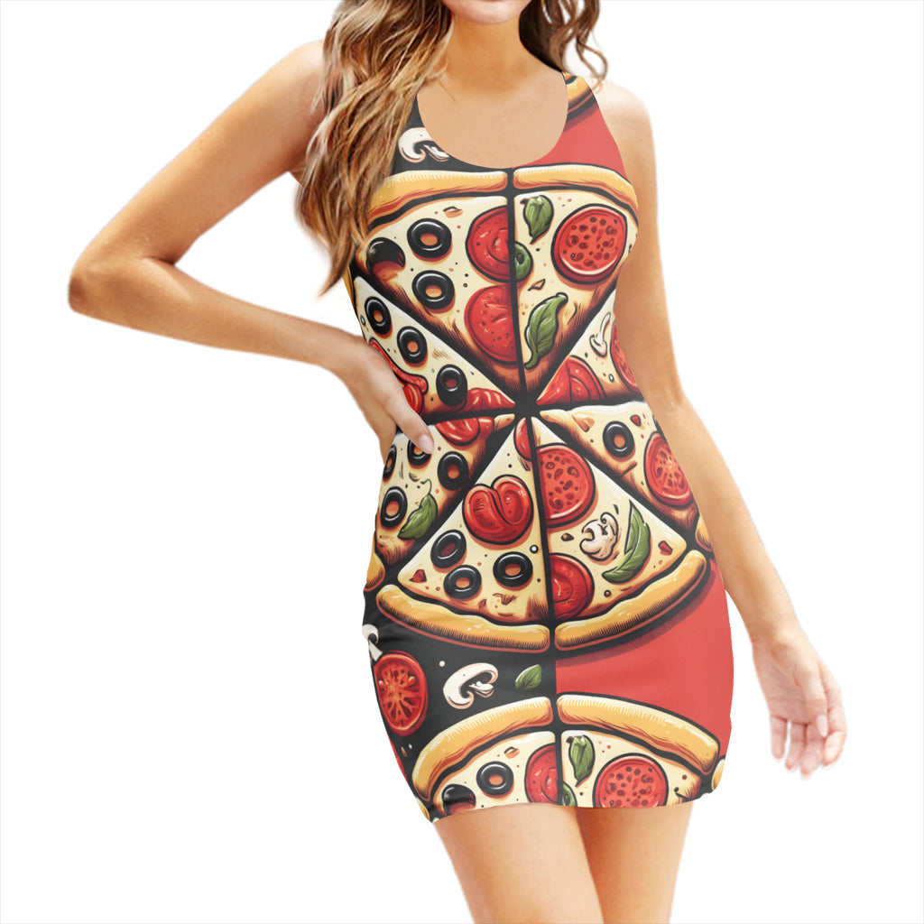 Pizza Slices Sleeveless Slim-Fit Euro-Size Tank Slip Dress | Polyester
