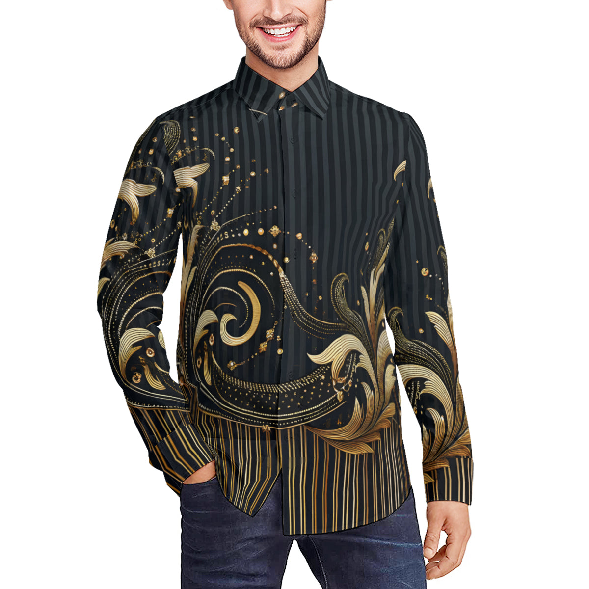 Elegant Black And Gold Long Sleeves Men's Shirt