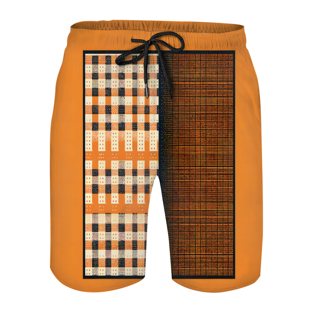 Orange Check Men's Beach Shorts (Not Mesh Lined) | Polyester