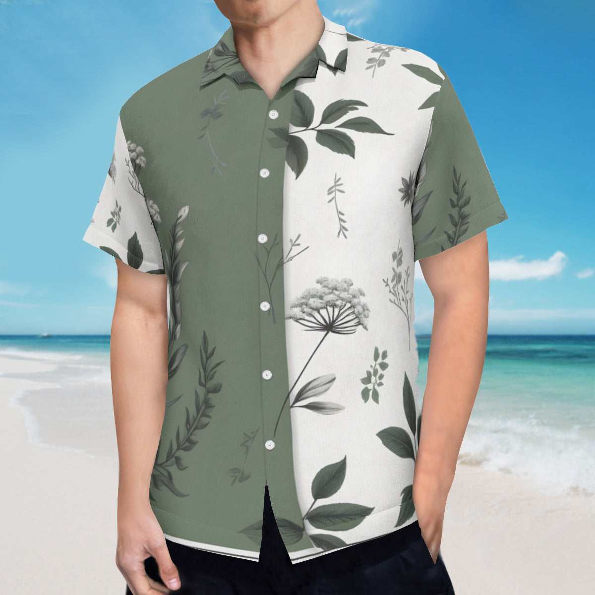 Olive Green Botanical Short Sleeves Men's Shirt