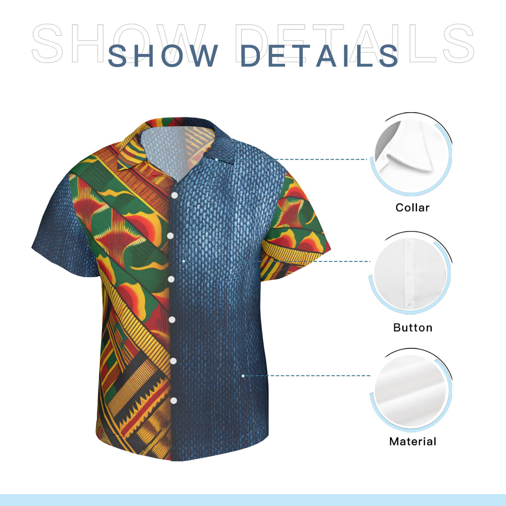Kente Denim Style Short Sleeves Men's Shirt