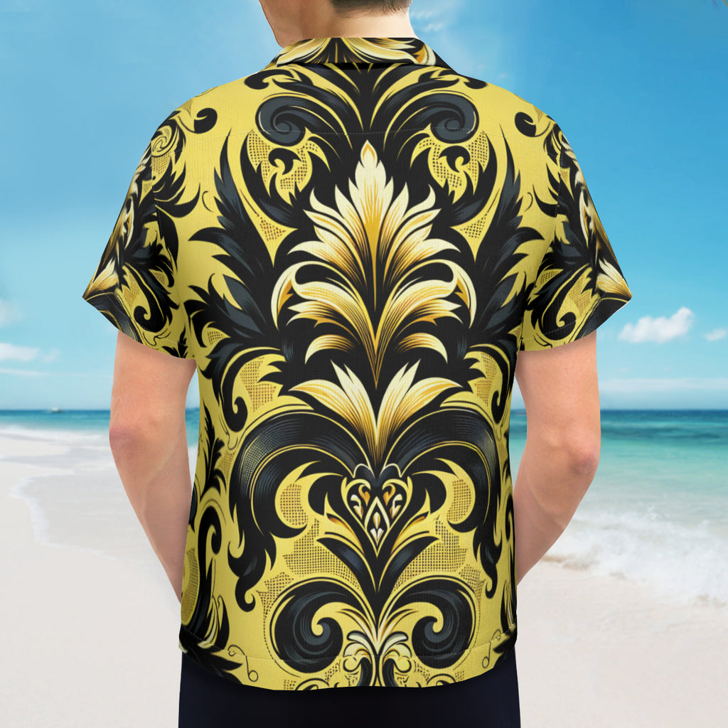 Yellow And Black Intricate Short Sleeves Men's Shirt