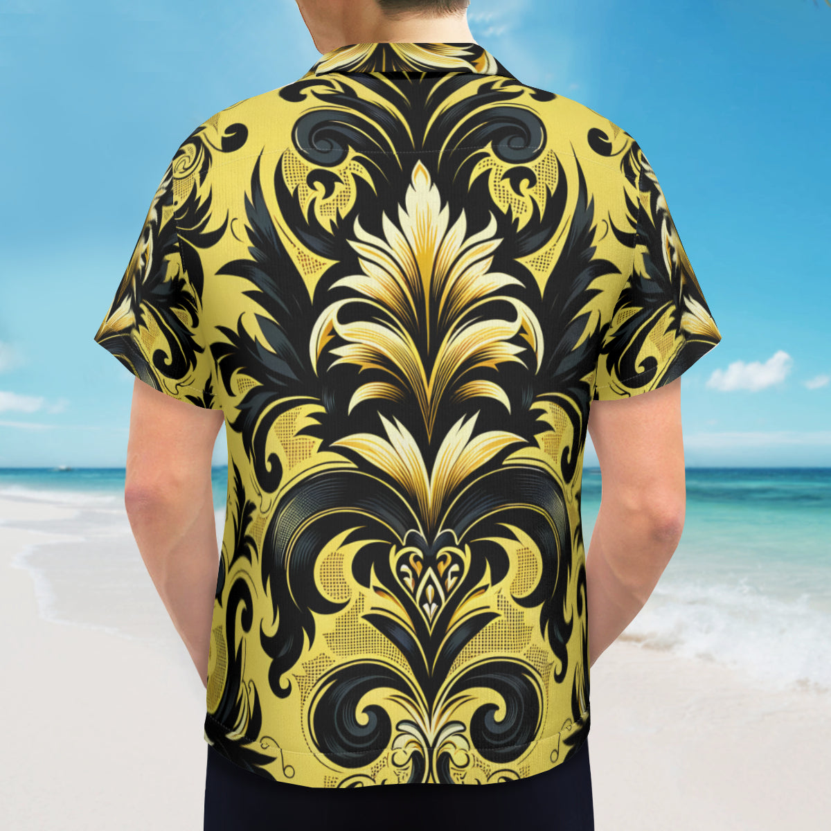 Yellow And Black Intricate Short Sleeves Men's Shirt
