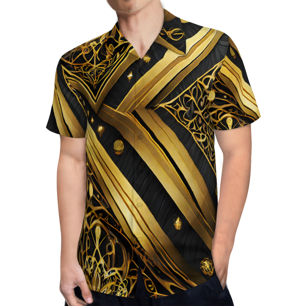 Elegant Black And Gold Short Sleeves Men's Shirt