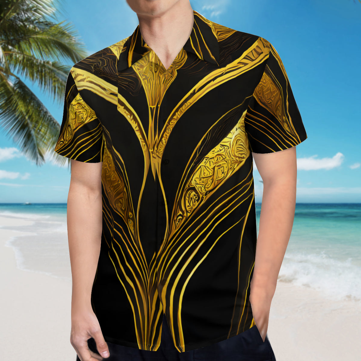 Elegant Black And Gold Short Sleeves Men's Shirt