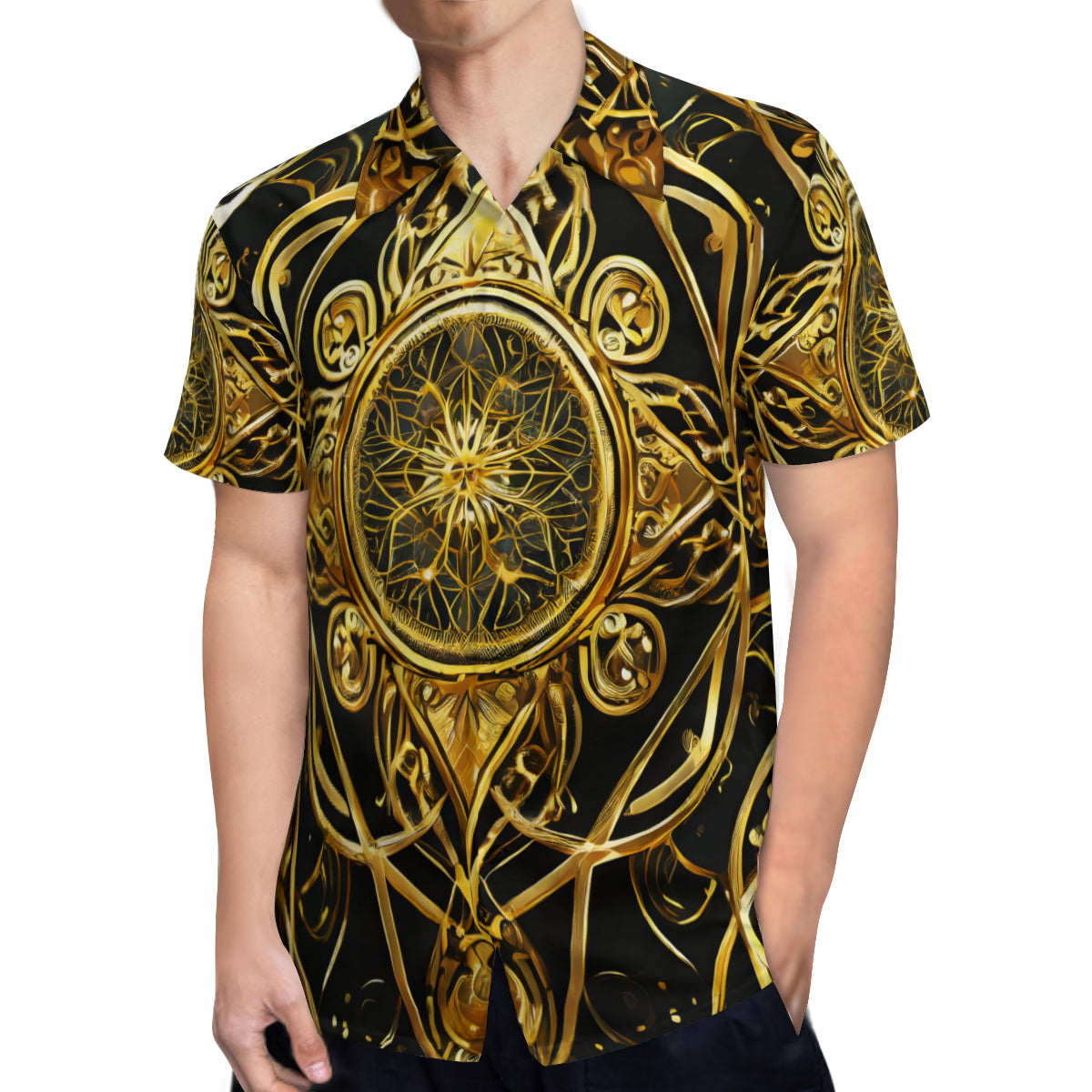Elegant Black And Gold Short Sleeves Men's Shirt