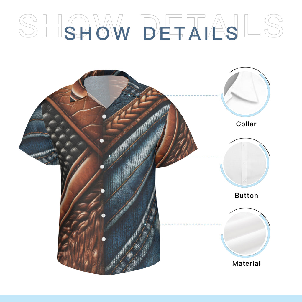 Denim And Leather Design Short Sleeves Men's Shirt