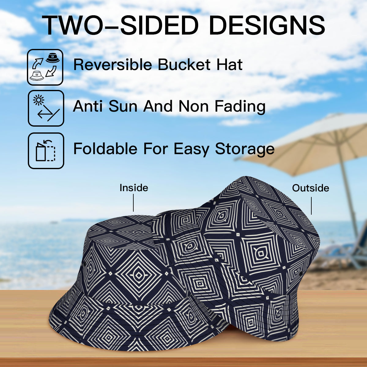 Navy Blue Geometric Shapes Double-Sided Unisex Polyester Bucket Hat