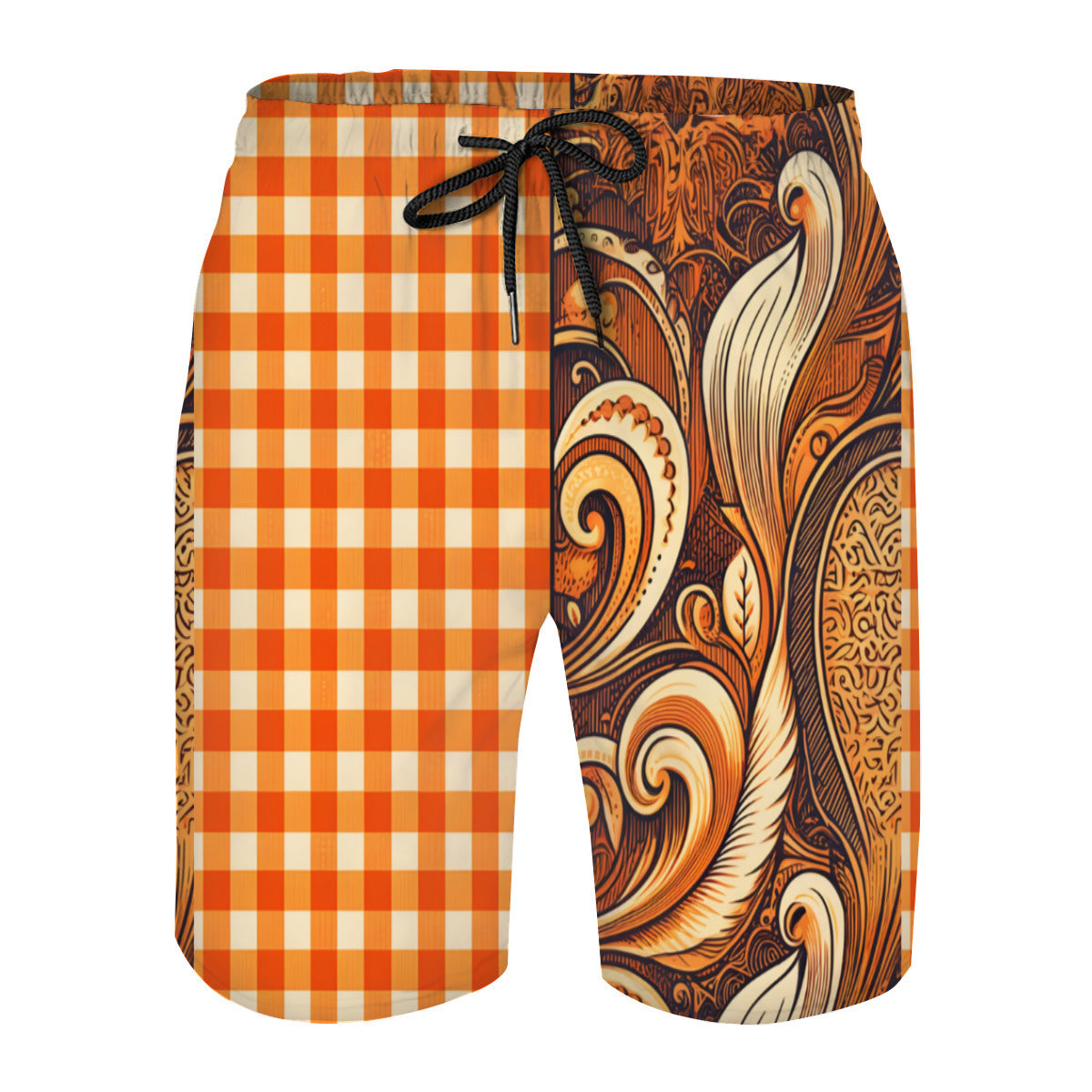 Orange Check Men's Beach Shorts (Not Mesh Lined) | Polyester