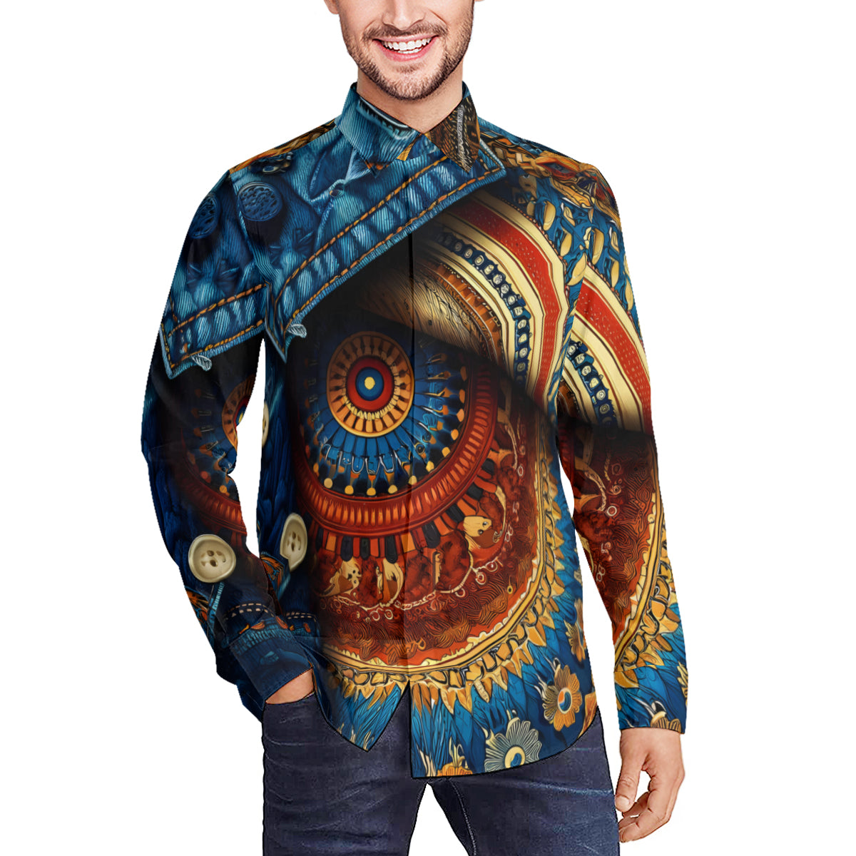 Denim And African Design Long Sleeves Men's Shirt