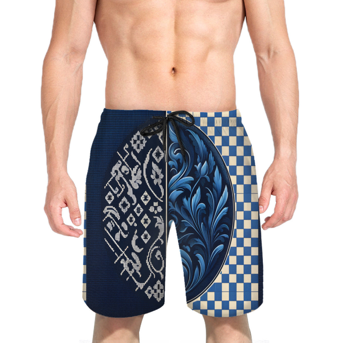 Blue Check Men's Beach Shorts (Not Mesh Lined) | Polyester