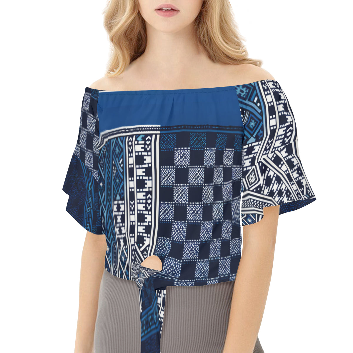 Blue Check One-Shoulder Tie Short Sleeves