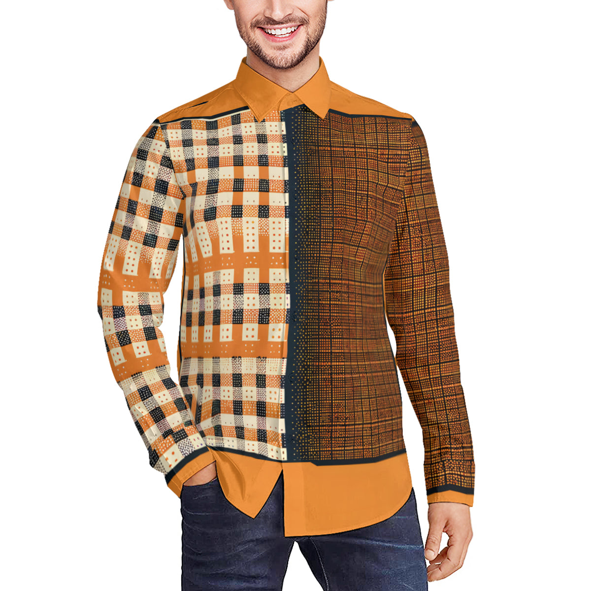 Orange Check Long Sleeves Men's Shirt