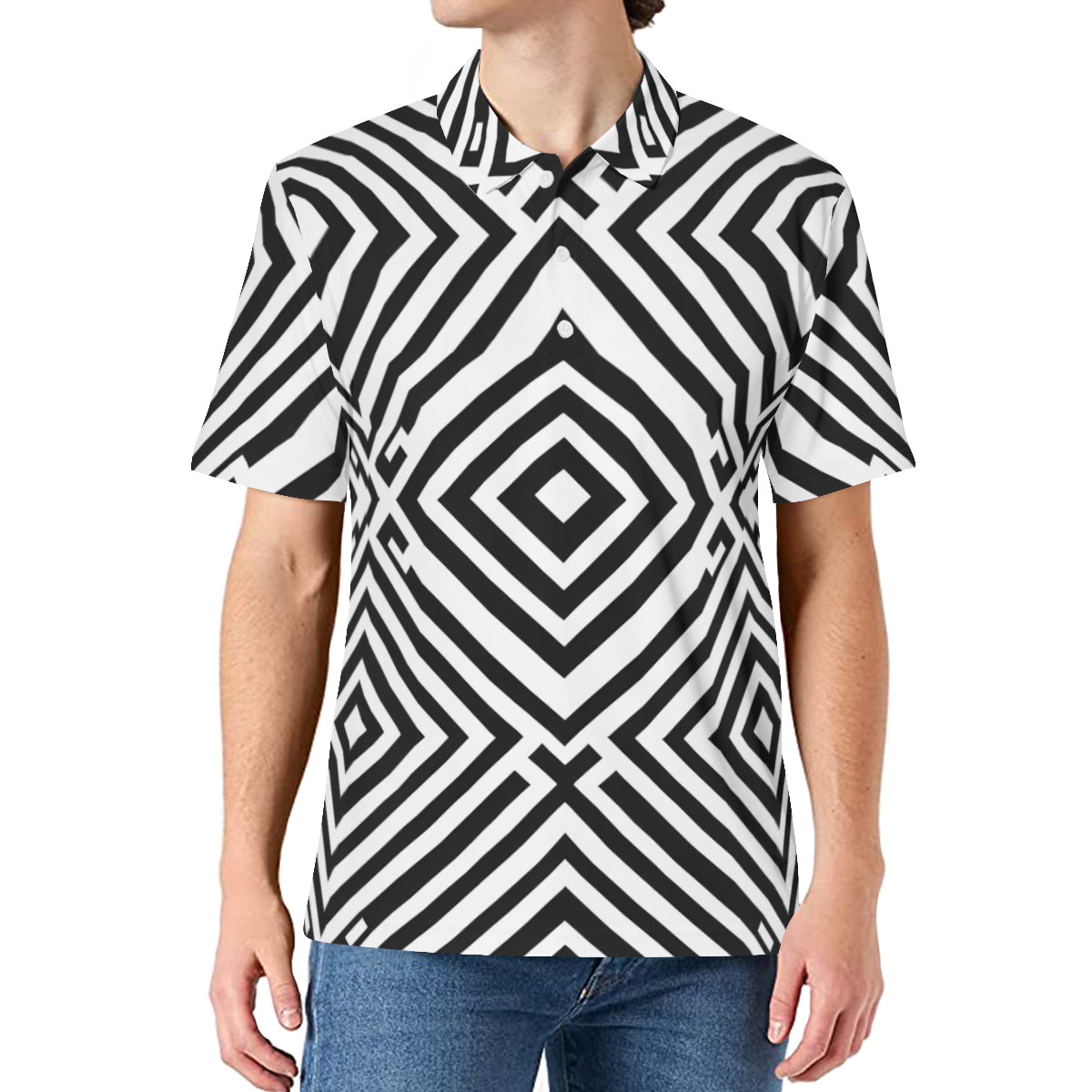 Black Geometric Shapes Men's Premium European Size POLO Shirt | 95% Polyester+5% Spandex