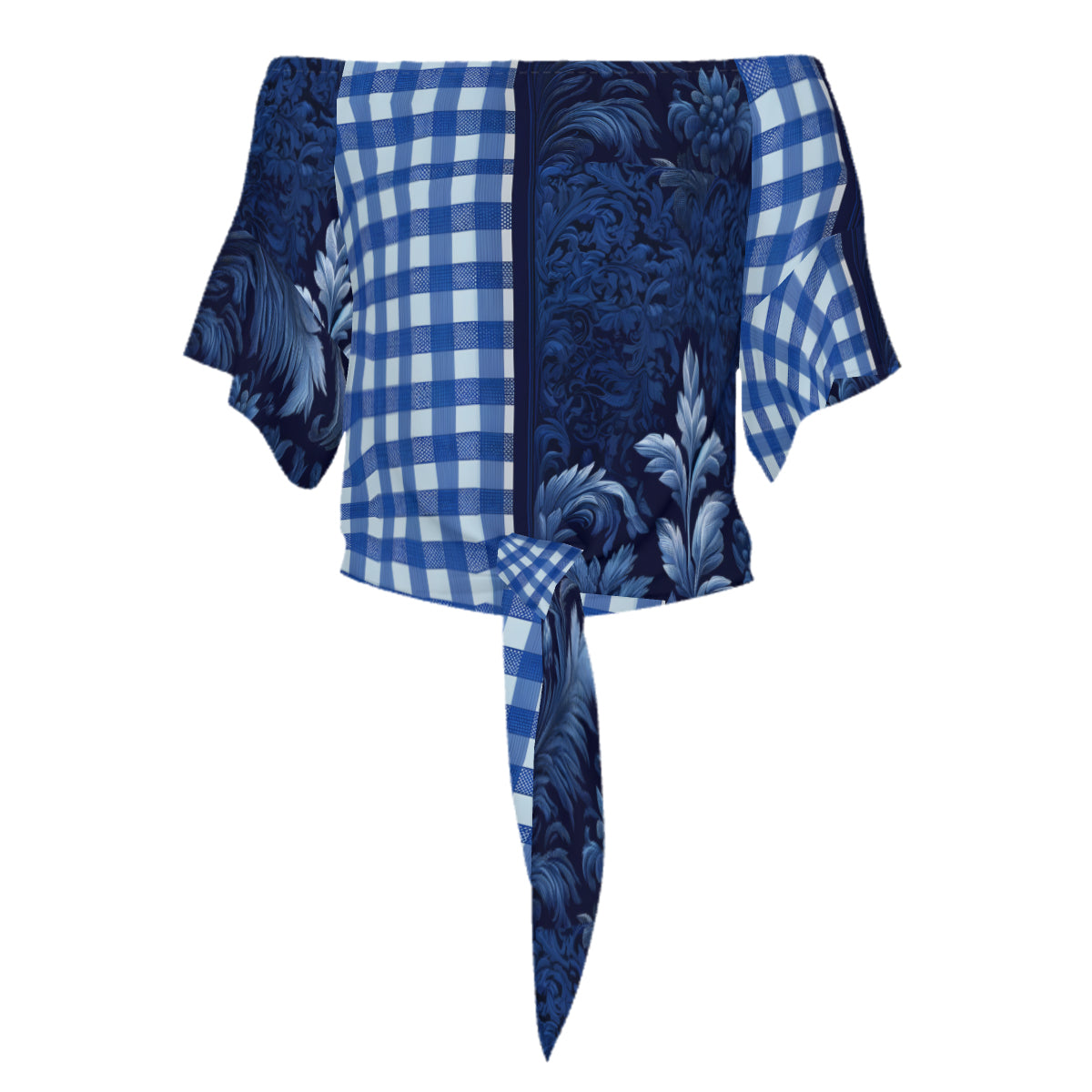 Blue Check Women's One-shoulder Tie Short Sleeves | Polyester