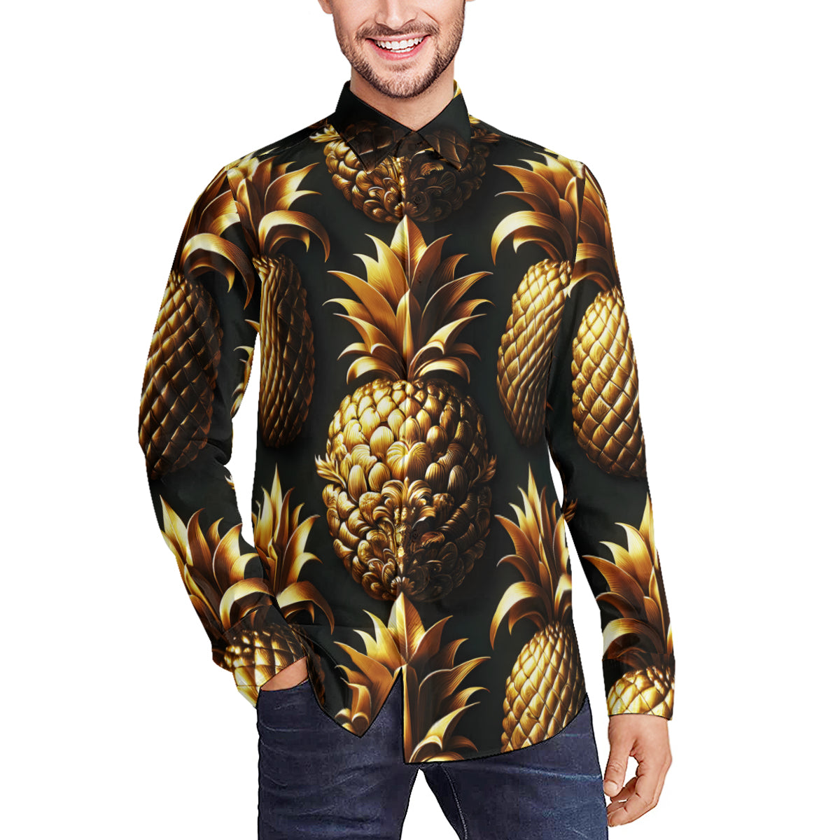 Golden Pineapple Men's Classic Long-Sleeved Shirt | Polyester