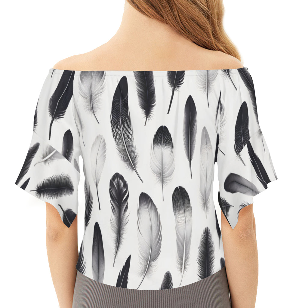 Black And White Feathers One-Shoulder Tie Short Sleeves