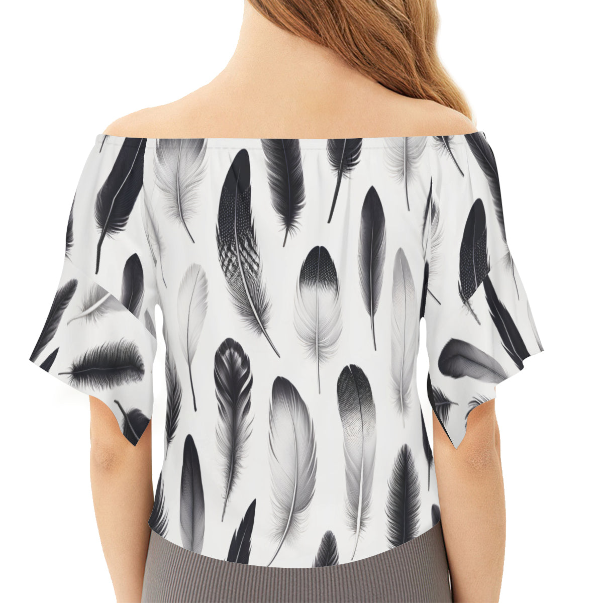 Black And White Feathers One-Shoulder Tie Short Sleeves