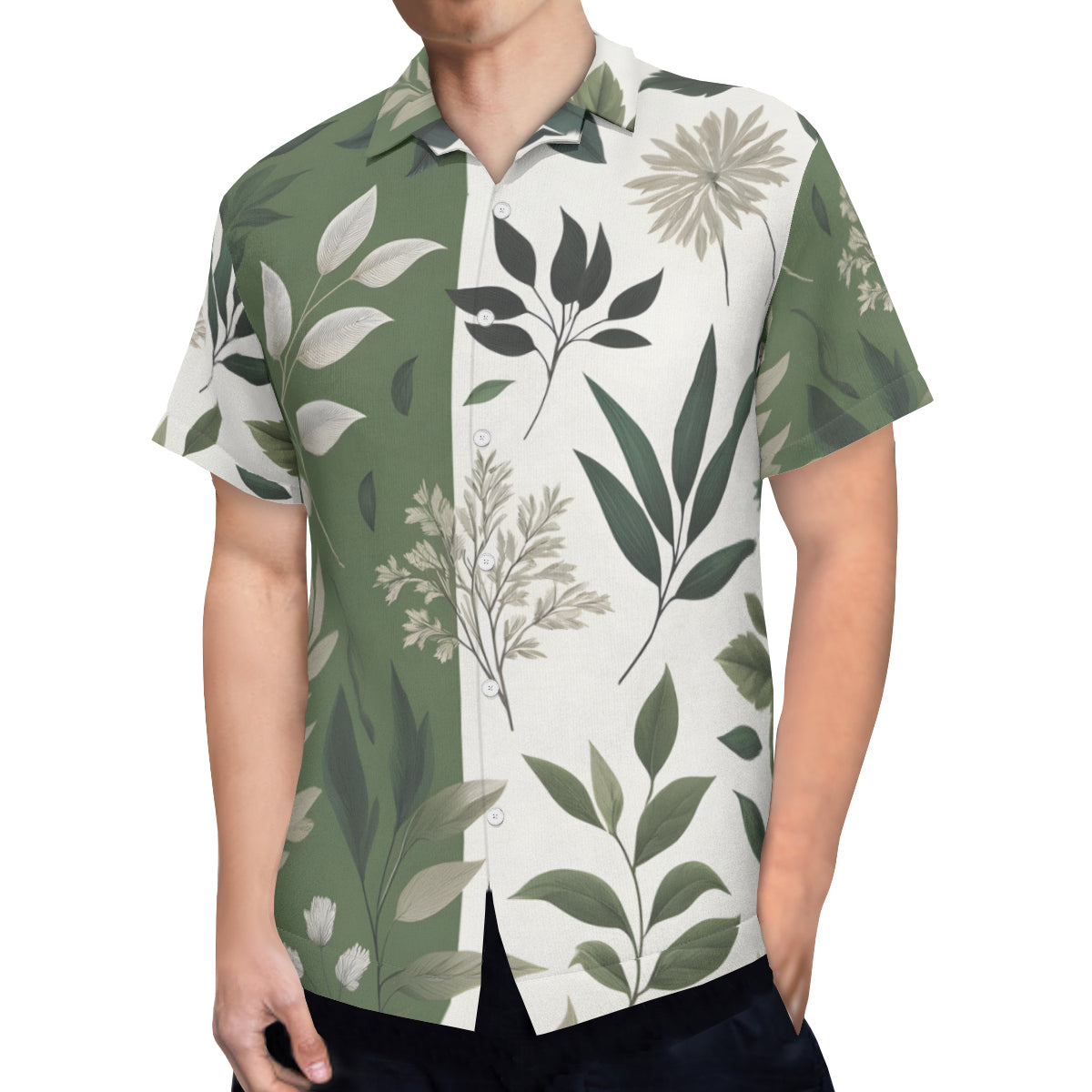Olive Green Botanical Short Sleeves Men's Shirt