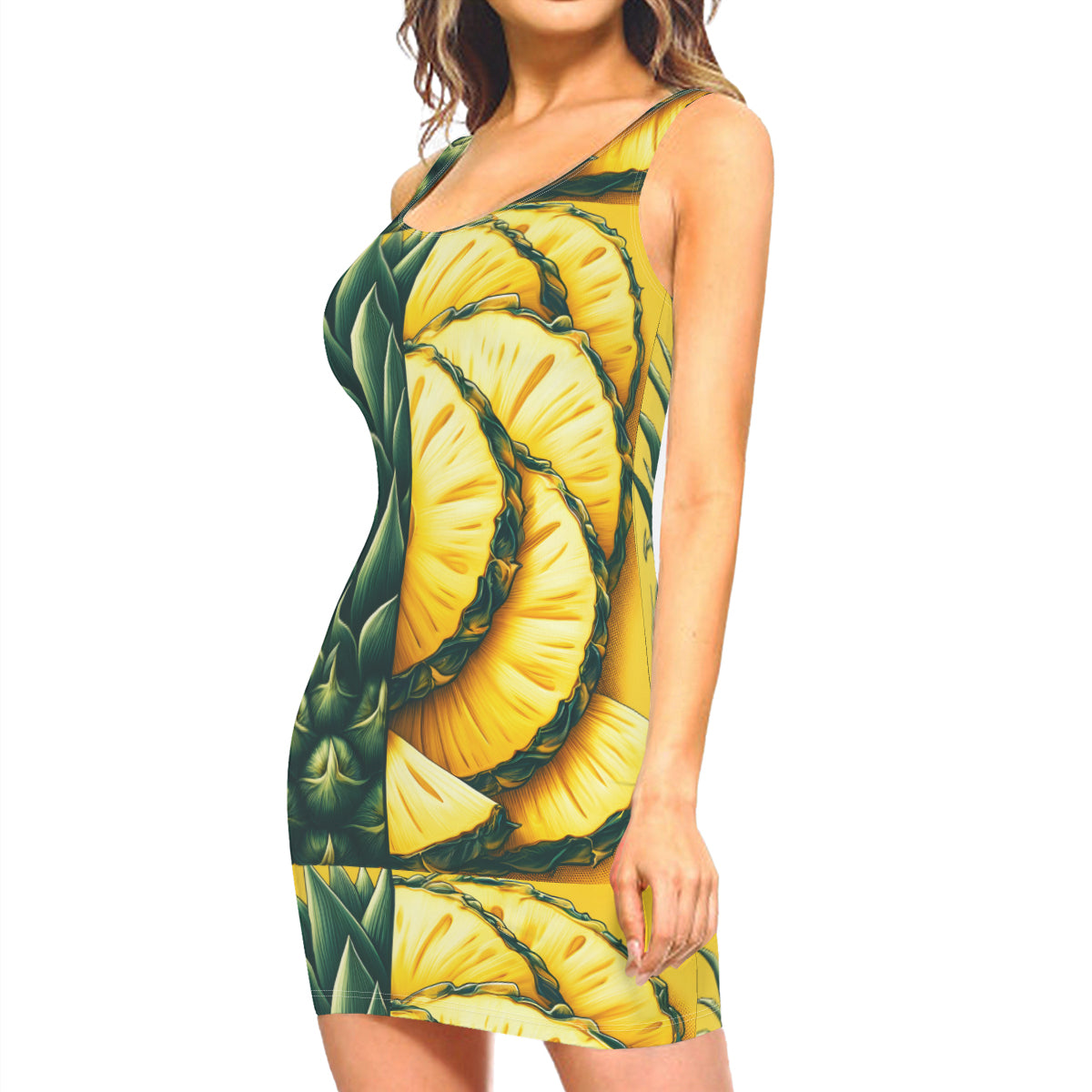 Pineapple Slices Sleeveless Slim-Fit Euro-Size Tank Slip Dress | Polyester