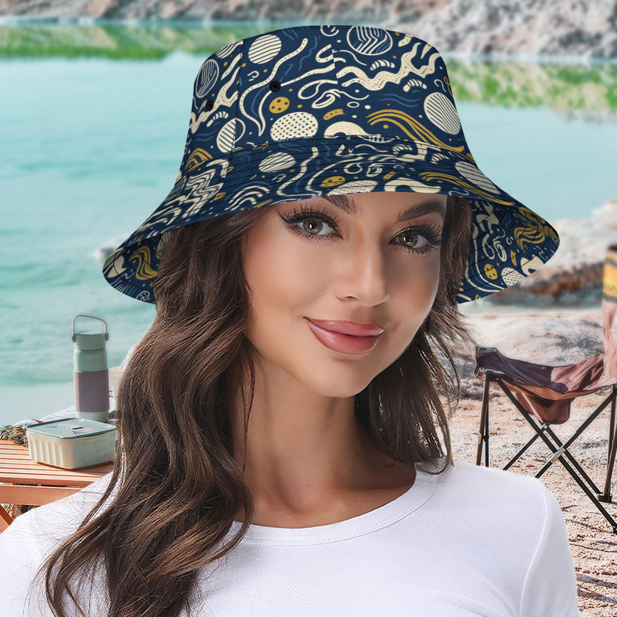 Dark Blue Geometric Shapes Double-Sided Unisex Polyester Bucket Hat