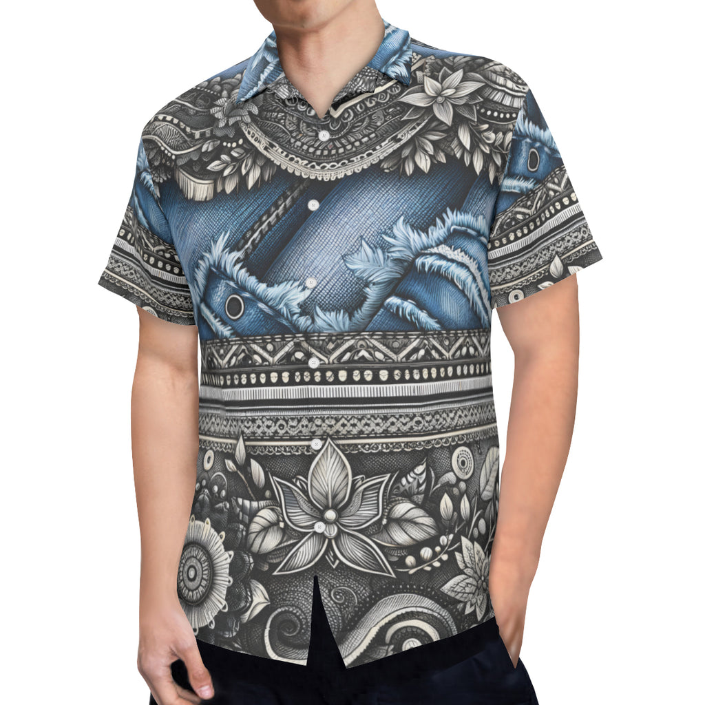 Denim And Lace Design Short Sleeves Men's Shirt