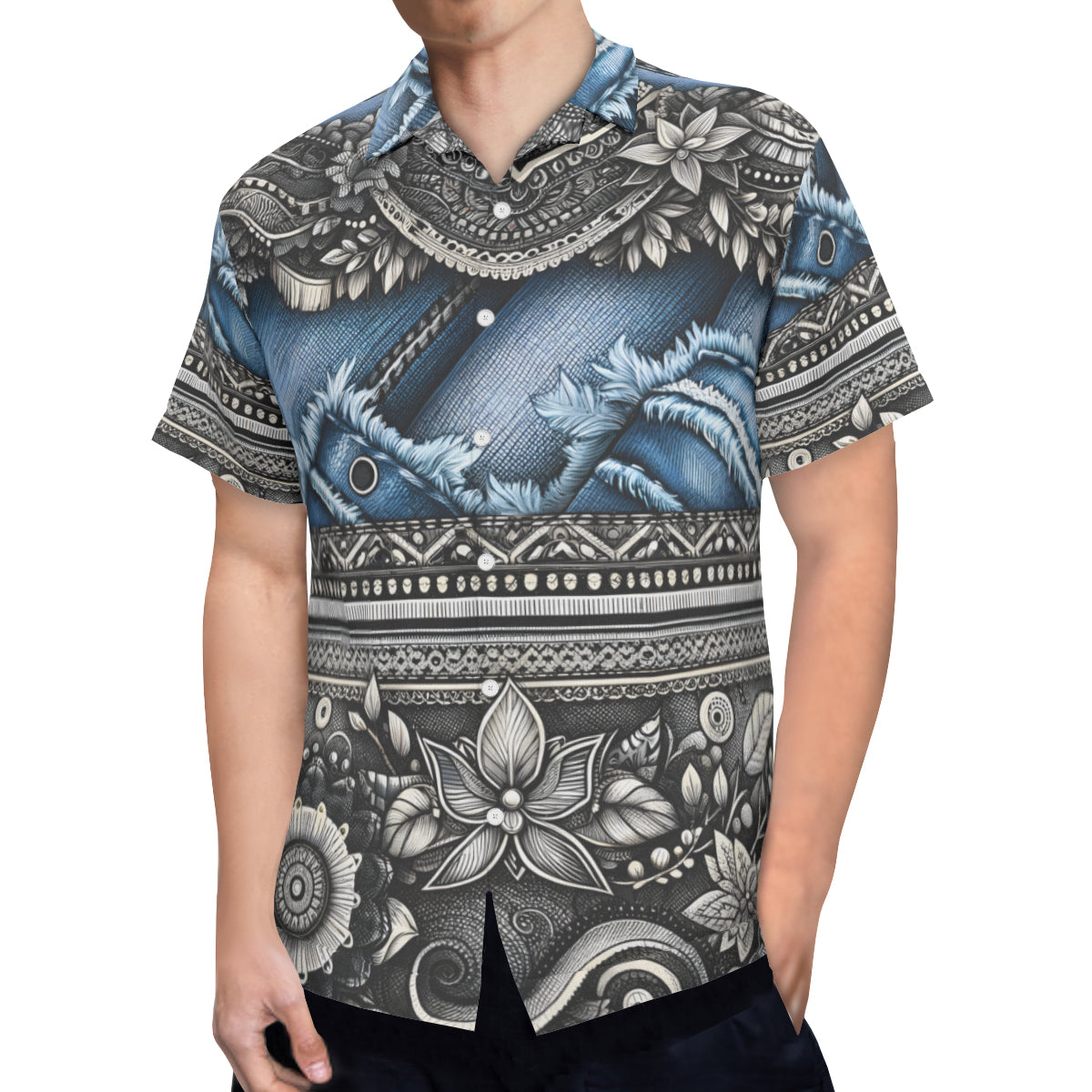 Denim And Lace Design Short Sleeves Men's Shirt