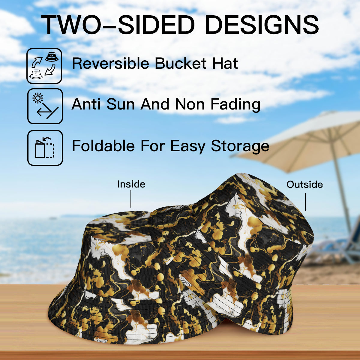 Marble Gold Black Double-Sided Unisex Polyester Bucket Hat